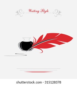 Feather and inkwell. Writing style. Vector