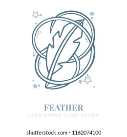 Feather. Isolated hand drawn nib illustration. 
Majestic feather sketch drawing. Creative authors concept.
Feather vector icon isolated on white background.