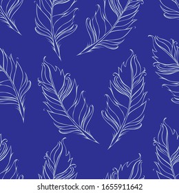 Feather isolated. Seamless pattern. Vector illustration. Blue colors.