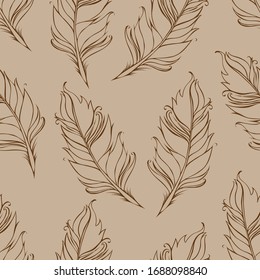 Feather isolated. Seamless pattern. Vector illustration. Brown and beige colors.