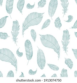 Feather isolated. Seamless pattern. Vector illustration with feather.Seamless sketch boho style texture with elegant feather.Hand draw vector pattern. Repeating pattern with  feathers.