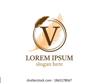 Feather letter V icon design, vector design concept circle feather with letter for initial luxury business, firm, law service, notary, boutique and more brand identity.