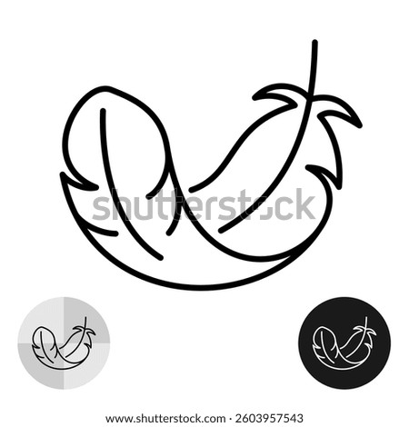 Feather lightweight black line icon with flying single elegant style feather. Light weight of clothes textile or other material property symbol. Editable stroke.