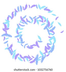 Feather line art pattern blue violet cyan vector print. Sophisticated minimalist background with plumelet. Editable backdrop with flying feather elements. Cute vector design, banner background.