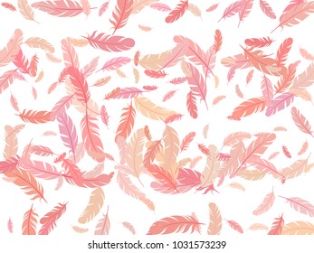 Feather line art pattern vector print in pink. Minimal minimalist background with plumelet. Editable backdrop with flying feather elements. Cute vector design, banner background.