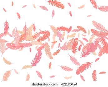 Feather Line Art Pattern Vector Print  In Pink, Red. Gentle Minimalist Background With Plumelet. Editable Backdrop With Flying Feather Elements. Cute Vector Design, Card Template.