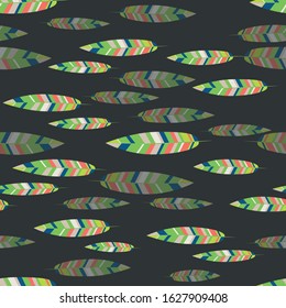 Feather in line art style. Vintage decorative element. Decoration element. Seamless pattern. Textile print design. Flat feather for print design. Natural background. Colorful feather in vintage style.
