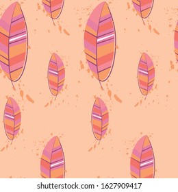 Feather in line art style. Vintage decorative element. Decoration element. Seamless pattern. Textile print design. Flat feather for print design. Natural background. Colorful feather in vintage style.