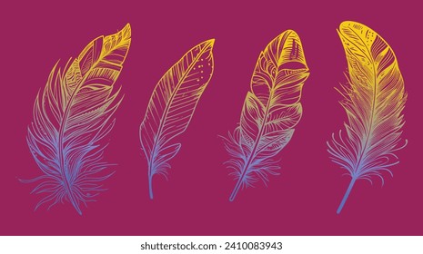 Feather line art vector illustration set, bird feather drawing, minimalist feather design, simple line art, ornamental feather design, bird plume