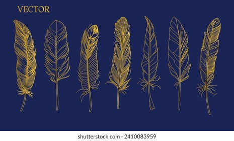 Feather line art vector illustration set, bird feather drawing, minimalist feather design, simple line art, ornamental feather design, bird plume