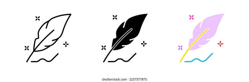 Feather Line Symbol. Handgeschriebener Text, Student, Füller, Mann, Typ, Märchen, Legende, Fabel, Arbeit, gedruckte Ausgabe. Vektorsymbol in line, schwarz und bunter Stil auf weißem Hintergrund