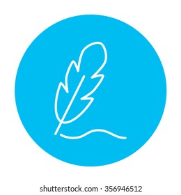 Feather line icon for web, mobile and infographics. Vector white icon on the light blue circle isolated on white background.