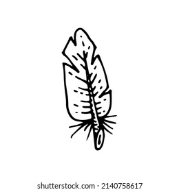 Feather line. The magical symbol of a birds feather. Retro writing tool. Boho style. Hand drawn vector doodle illustration. Simple outline element.