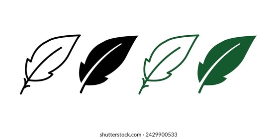 Feather Line and Silhouette Icon Set. Fluffy Bird Quill Pictogram. Lightweight Plume Symbol. Ink Pen for Write Calligraphy Symbols. Fluffy Light Weight. Isolated Vector Illustration.