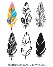 Feather linear icon, cartoon symbol set. Hand drawn colorful stylized bird feathers with ethnic boho tribal ornament. Sign birds feathers silhouette shape or doodle art. Fantasy vector illustration