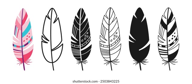 Feather linear icon, cartoon symbol set. Hand drawn colorful stylized bird feathers with ethnic boho ornamental pattern. Simple sign birds feathers silhouette shape or doodle art. Isolated vector