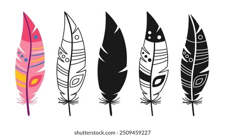 Feather linear icon, cartoon symbol set. Hand drawn outline stylized bird feathers with ethnic boho ornamental pattern. Simple sign birds feathers silhouette shape or doodle art. Isolated vector