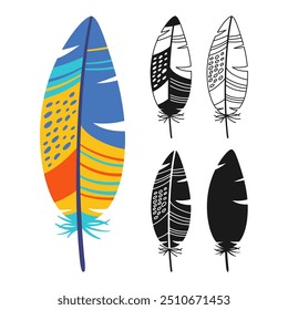 Feather linear icon, cartoon symbol set. Hand drawn colorful stylized bird feathers with ethnic boho tribal ornament. Sign birds feathers silhouette shape or doodle art. Fantasy vector illustration