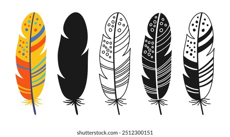 Icono lineal de plumas, conjunto de símbolos de dibujos animados. Plumas de pájaro estilizadas coloridas dibujadas a mano con adorno tribal étnico boho. Forma de silueta de plumas de pájaros de signo o arte doodle. Ilustración vectorial de fantasía