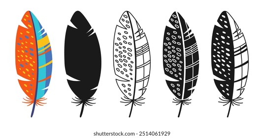 Icono lineal de plumas, conjunto de símbolos de dibujos animados. Plumas de pájaro estilizadas coloridas dibujadas a mano con un patrón ornamental tribal étnico boho. Forma de silueta de plumas de pájaros de signo o arte doodle. Ilustración vectorial