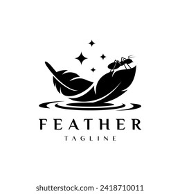 Feather logo with ant on top, feather pen logo, law firm feather logo vector simple design
