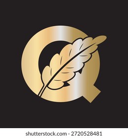 Logotipo de la pluma se combina con la letra Q Plantilla de Vector