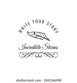 Feather Logo. Ink pen icon. Writer logo with flourish elements and swirls. Vector illustration isolated on white background.