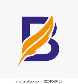 Feather Logo On Letter B Vector Template. Law Logo Bird Feather Symbol
