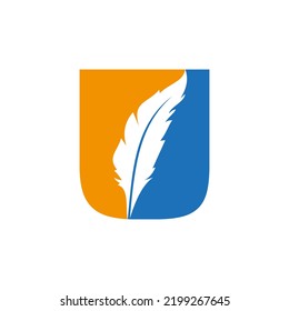 Feder-Logo auf Buchstabe U Vektorvorlage. Logo-Vogelfedersymbol des Gesetzes
