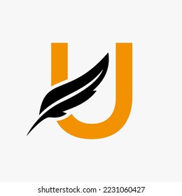 Logo De Feather En La Plantilla De Vector De Letra U. Símbolo de piel de pájaro con logotipo legal