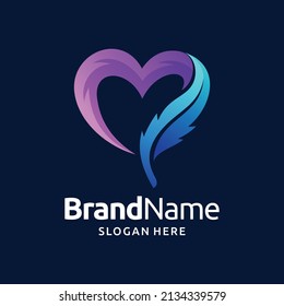 Feather logo template with love shape and gradient color style 