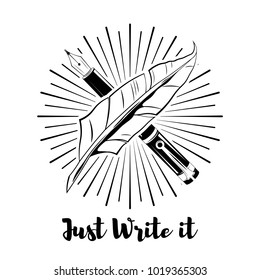 Feather Logo Vector. Illustration of an ink pen. Just write it.