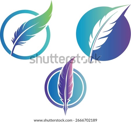 Feather Logos Set on Blue and Purple Circular Backgrounds – Elegant Symbolic Vector Design