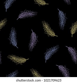 Feather luxury seamless pattern on black background. Vector