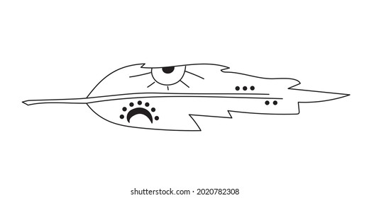Feather with Magic signs for Witchcraft. Esoteric Doodle vector illustration on white isolated background. Line art style