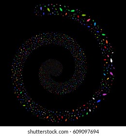 Feather majestic whirlpool spiral. Vector bright multicolored scattered objects.