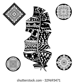 Feather and mandalas on a white background. Vintage, tribal, artistically drawn, zentangle, stylized feather. Sketch by trace. Pattern for coloring book.