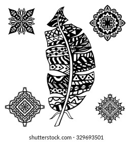 Feather and mandalas on a white background. Vintage, tribal, artistically drawn, zentangle, stylized feather. Sketch by trace. Pattern for coloring book.