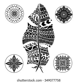 Feather and mandalas on a white background. Vintage, tribal, artistically drawn, zentangle, stylized feather. Sketch by trace. Pattern for coloring book.