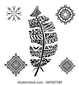 Feather and mandalas on a white background. Vintage, tribal, artistically drawn, zentangle, stylized feather. Sketch by trace. Pattern for coloring book.
