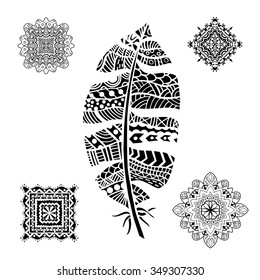 Feather and mandalas on a white background. Vintage, tribal, artistically drawn, zentangle, stylized feather. Sketch by trace. Pattern for coloring book.