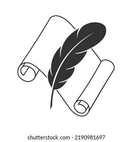 Feather and manuscript graphic icon. Scroll and ink feather sign isolated on white background. Vintage symbol. Vector illustration