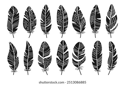 Feather monochrome stamp set. Doodle stylized bird feathers with ethnic boho folk outline ornamental patterns. Design decorated birds feathers abstract silhouette art. Isolated vector illustration