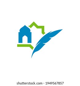 Feather with Mosque logo design vector illustration, Creative Islamic logo design concept template, symbols icons