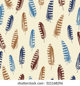  	 Feather natural bird seamless pattern. Hand drawn vector illustration.