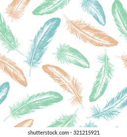  	Feather natural bird seamless pattern. Hand drawn vector illustration.