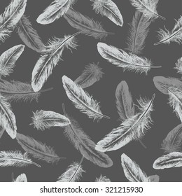  	Feather natural bird seamless pattern. Hand drawn vector illustration.