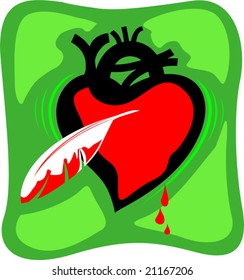feather near heart with agreen background	