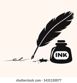 feather old pen silhouette vector illustration with ink bottle and draw line