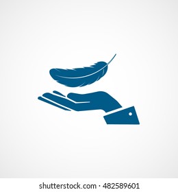 Feather On Hand Blue Flat Icon On White Background